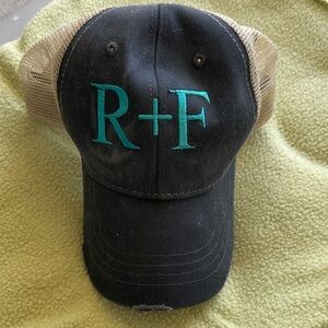 Grey and Tan Distressed Baseball Cap with Teal R+F Embroidery